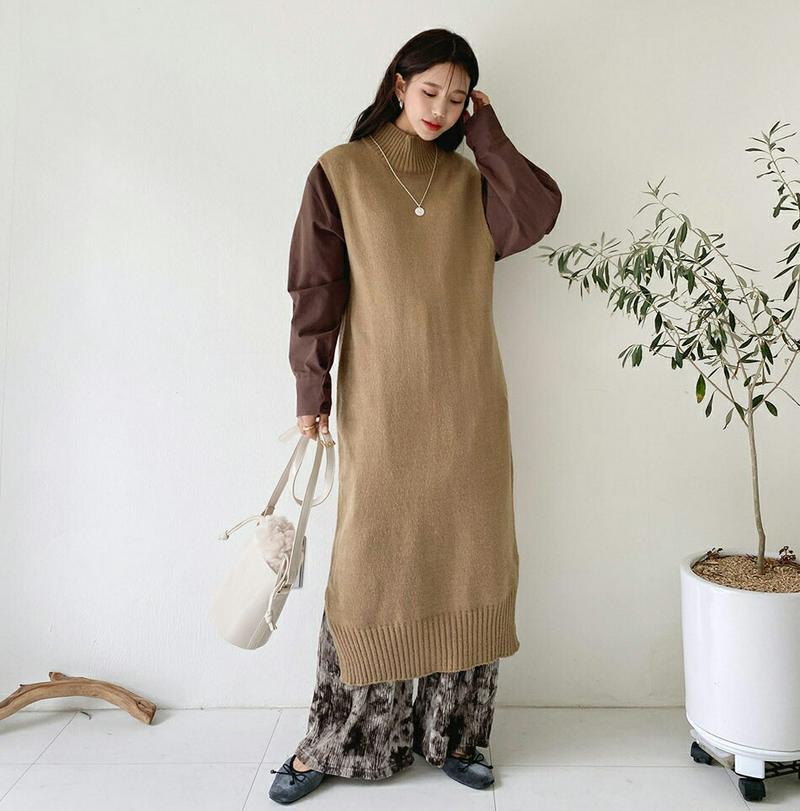 【只今10%OFF】ハイネックロングベスト・全4色・b64596 レディース 【ops】【韓国 ファッション ワンピース ロング ニットベスト ベストワンピース ノースリーブ スリーブレス モックネック ハーフネック Hライン ハイゲージ ニット カジュアル 秋 冬】