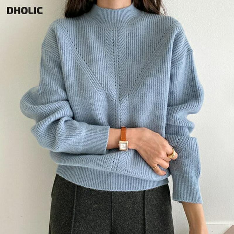 【只今10%OFF】パンチングラインツイストニット・全4色・t64579 レディース 【tops】【韓国 ファッション トップス ニット ハーフネック モックネック 長袖 ドロップショルダー ルーズ ゆったり 体型カバー リブニット カジュアル 秋 冬】