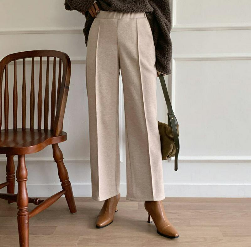 【只今10%OFF】ニットセンタープレスパンツ・全3色・b64594 レディース 【pt】【韓国 ファッション ボトムス パンツ ロング ワイド ストレート ウエストゴム 無地 大人 カジュアル 秋 冬】