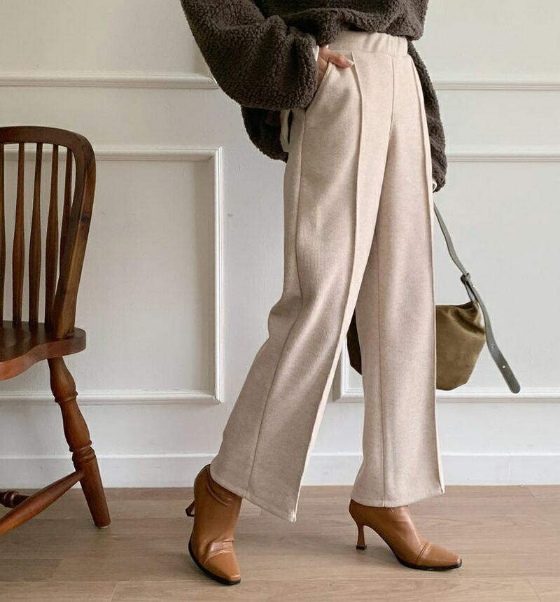 【只今10%OFF】ニットセンタープレスパンツ・全3色・b64594 レディース 【pt】【韓国 ファッション ボトムス パンツ ロング ワイド ストレート ウエストゴム 無地 大人 カジュアル 秋 冬】