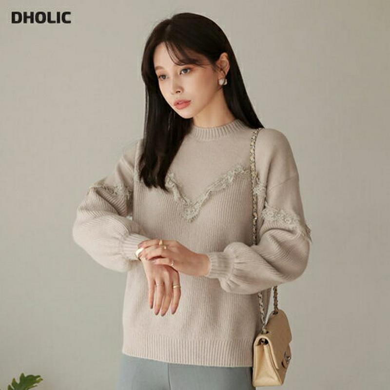 【只今10%OFF】Vレースラインリブニット・全2色・b65519 レディース 【tops】【トップス ニット ニットトップス リブニット リブ レース 長袖 ドロップショルダー カジュアル 秋 冬 韓国 ファッション】【ハイホリHIHOLLI】
