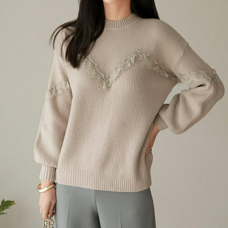 【只今10%OFF】Vレースラインリブニット・全2色・b65519 レディース 【tops】【トップス ニット ニットトップス リブニット リブ レース 長袖 ドロップショルダー カジュアル 秋 冬 韓国 ファッション】【ハイホリHIHOLLI】