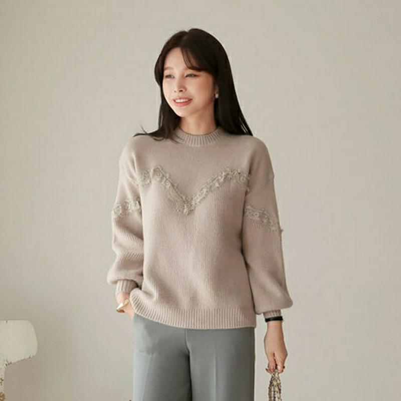 【只今10%OFF】Vレースラインリブニット・全2色・b65519 レディース 【tops】【トップス ニット ニットトップス リブニット リブ レース 長袖 ドロップショルダー カジュアル 秋 冬 韓国 ファッション】【ハイホリHIHOLLI】