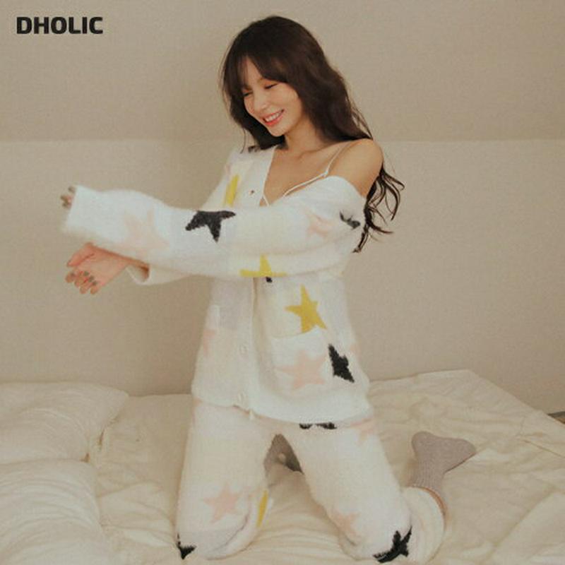 【只今10%OFF】ソフトスターパジャマSET・全2色・e44334 レディース 【uw】【韓国 ファッション パジャマ 部屋着 ルームウェア 寝間着 長袖 ボタン 前開 パンツ ロング パターン 柄 ファー カジュアル 秋 冬】