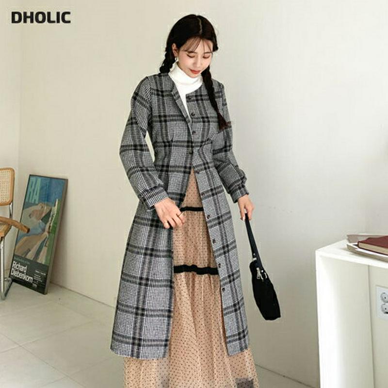 【只今10%OFF】チェックボタンワンピース・全2色・t64591 レディース 【ops】【韓国 ファッション ワンピース ロング Aライン フレア 長袖 ラウンドネック ボタン 前開 シャツ ビンテージ カジュアル 秋 冬】