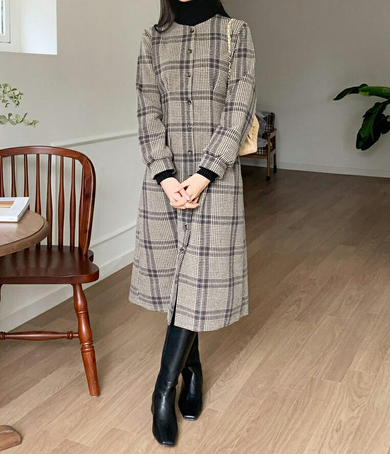 【只今10%OFF】チェックボタンワンピース・全2色・t64591 レディース 【ops】【韓国 ファッション ワンピース ロング Aライン フレア 長袖 ラウンドネック ボタン 前開 シャツ ビンテージ カジュアル 秋 冬】