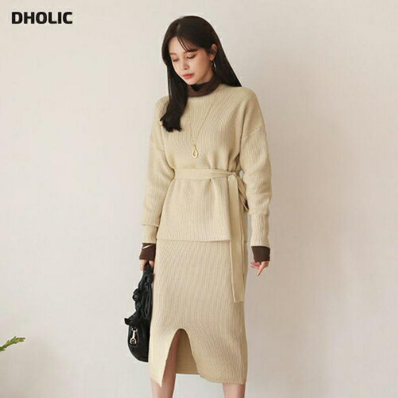 【只今10%OFF】ストラップ付ニット&スカートSET・全1色・65525 レディース 【ops】【セットアップ トップス ニット ニットトップス ニットアップ setup スカート ニットスカート ウエストゴム 単色 無地 秋 冬 韓国 ファッション】【ハイホリHIHOLLI】