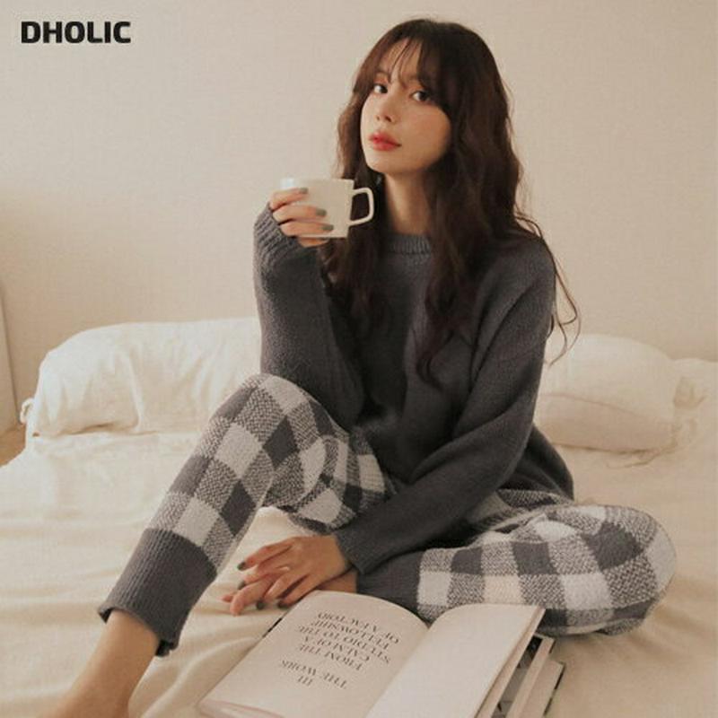 チェックニットパジャマSET・全1色・e44335 レディース 【uw】【韓国 ファッション パジャマ 部屋着 ルームウェア 寝間着 長袖 ラウンドネック パンツ ロング パターン 柄 ニット ルーズ カジュアル 秋 冬】