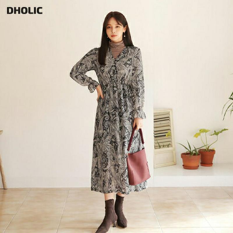 【只今10%OFF】シフォンワンピース・全3色・t65524 レディース 【ops】【ワンピース ロング ロングワンピース 長袖 総柄 シフォン シフォンワンピース シック きれいめ ペイズリー柄 揺れ感 秋 冬 韓国 ファッション】【ハイホリHIHOLLI】