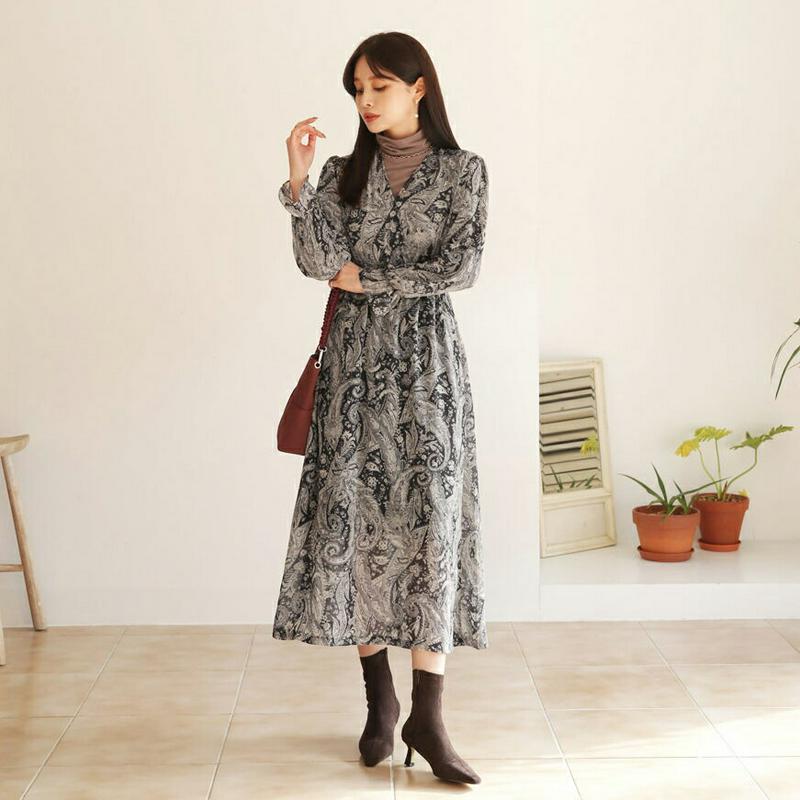 【只今10%OFF】シフォンワンピース・全3色・t65524 レディース 【ops】【ワンピース ロング ロングワンピース 長袖 総柄 シフォン シフォンワンピース シック きれいめ ペイズリー柄 揺れ感 秋 冬 韓国 ファッション】【ハイホリHIHOLLI】