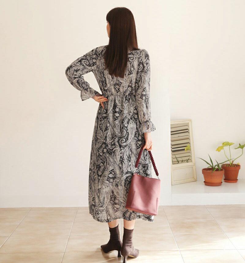 【只今10%OFF】シフォンワンピース・全3色・t65524 レディース 【ops】【ワンピース ロング ロングワンピース 長袖 総柄 シフォン シフォンワンピース シック きれいめ ペイズリー柄 揺れ感 秋 冬 韓国 ファッション】【ハイホリHIHOLLI】