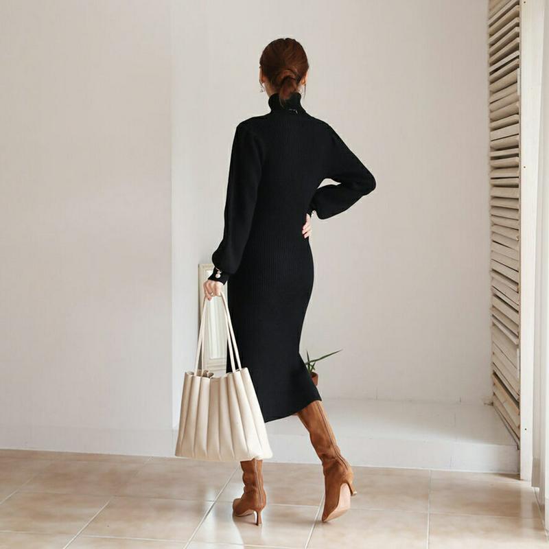 【只今10%OFF】パールスリーブリブワンピース・全3色・65526 レディース 【ops】【ワンピース ロング ロングワンピース 長袖 パール リブ リブワンピース タートルネック タートル Hライン ニット ニットワンピース 大人 秋 冬 韓国 ファッション】【ハイホリHIHOLLI】