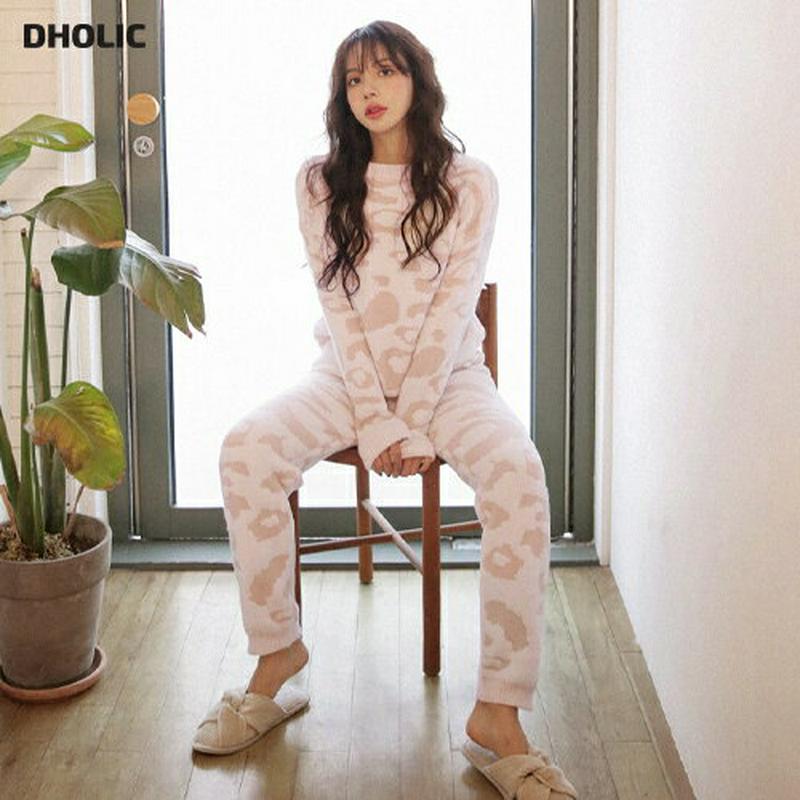 レオパードニットパジャマSET・全1色・e44333 レディース 【uw】【韓国 ファッション パジャマ 部屋着 ルームウェア 寝間着 長袖 ラウンドネック パンツ ロング パターン 柄 ニット ルーズ カジュアル 秋 冬】