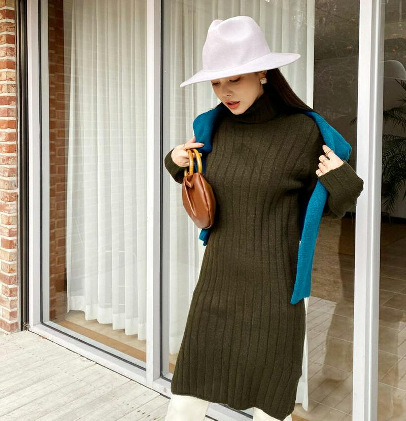 【只今10%OFF】リブスリットワンピース・全4色・b65528 レディース 【ops】【ワンピース ミディ丈 ミディワンピース 長袖 リブ スリット タートルネック タートル 単色 無地 シンプル カジュアル スリット ラフ 秋 冬 韓国 ファッション】【ハイホリHIHOLLI】