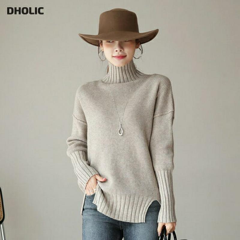 【只今10%OFF】ハイネックワッフルニット・全5色・t65522 レディース 【tops】【トップス ニット ニットトップス 長袖 ハイネック ワッフルニット 単色 無地 シンプル カジュアル ラフ アンバランス スリット 秋 冬 韓国 ファッション】【ハイホリHIHOLLI】