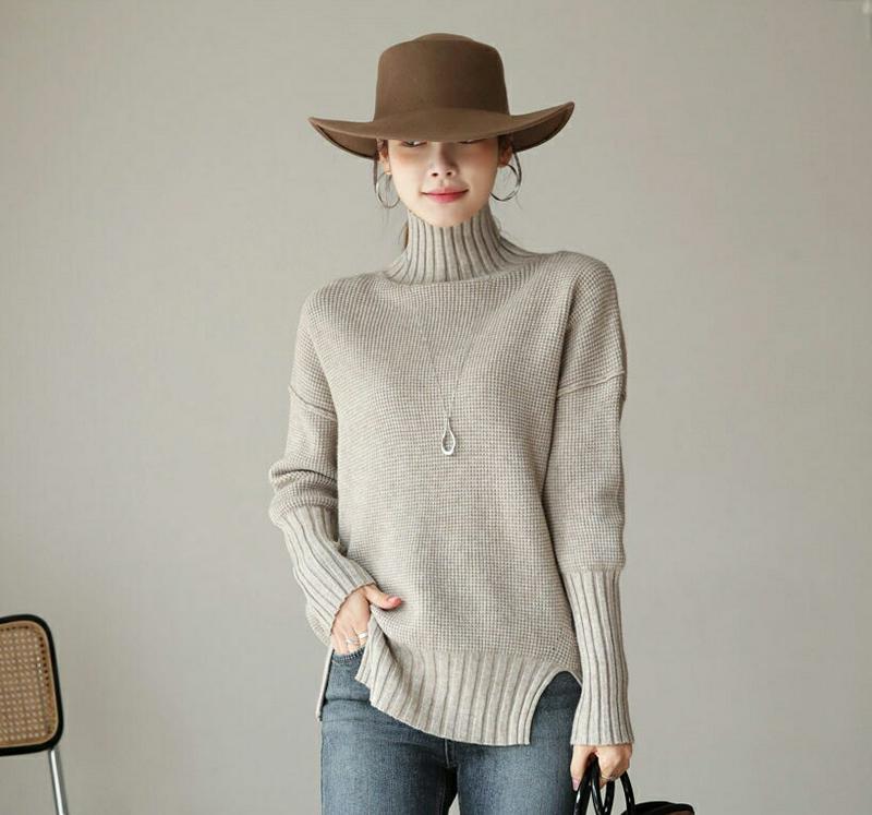 【只今10%OFF】ハイネックワッフルニット・全5色・t65522 レディース 【tops】【トップス ニット ニットトップス 長袖 ハイネック ワッフルニット 単色 無地 シンプル カジュアル ラフ アンバランス スリット 秋 冬 韓国 ファッション】【ハイホリHIHOLLI】