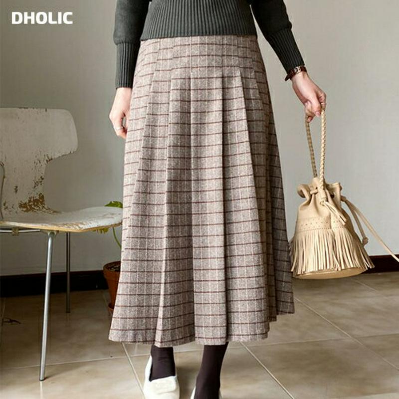 【只今10%OFF】タックチェックスカート・全2色・b65541 レディース 【sk】【スカート ロング ロングスカート チェック柄 タック Aライン カジュアル 大人 秋 冬 韓国 ファッション】【ハイホリHIHOLLI】