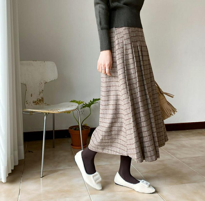 【只今10%OFF】タックチェックスカート・全2色・b65541 レディース 【sk】【スカート ロング ロングスカート チェック柄 タック Aライン カジュアル 大人 秋 冬 韓国 ファッション】【ハイホリHIHOLLI】
