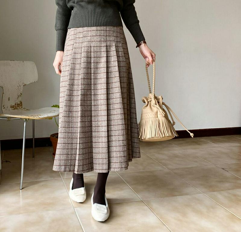 【只今10%OFF】タックチェックスカート・全2色・b65541 レディース 【sk】【スカート ロング ロングスカート チェック柄 タック Aライン カジュアル 大人 秋 冬 韓国 ファッション】【ハイホリHIHOLLI】