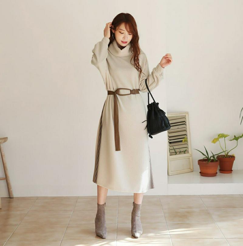 【只今10%OFF】起毛ツイストネックワンピース・全3色・b65624 レディース 【ops】【ワンピース ロング ロングワンピース 長袖 起毛 ツイスト ハイネック タートルネック タートル プリーツ サイドプリーツ 上品 秋 冬 韓国 ファッション】【ハイホリHIHOLLI】