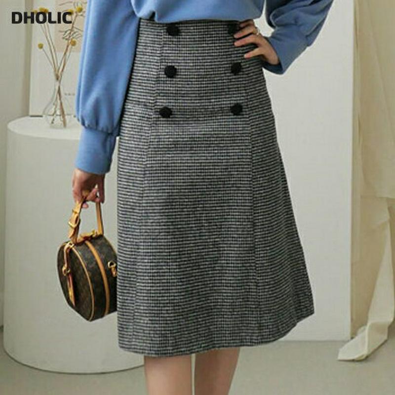 【只今10%OFF】ダブルボタンチェックスカート・全2色・b64551 レディース 【sk】【韓国 ファッション ボトムス スカート ミディアム ミドル 膝丈 膝下 スリム 細身 フレア Aライン ギンガムチェック クラシック ビンテージ カジュアル 秋 冬】