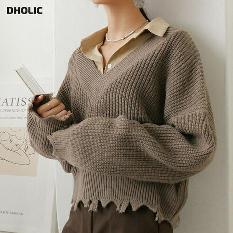 【只今10%OFF】フレイドへムVネックニット・全4色・t64531 レディース 【tops】【韓国 ファッション トップス ニット Vネック 長袖 ロングスリーブ ドロップショルダー ルーズ ゆったり 無地 リブニット ダメージニット クロップド ショート カジュアル 秋 冬】