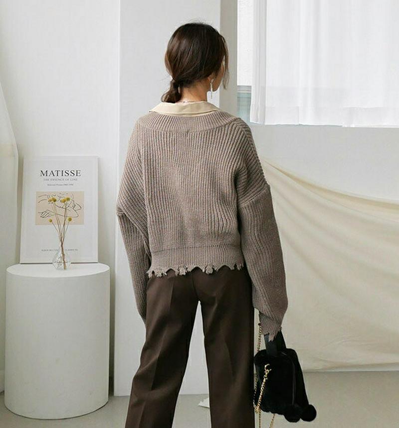 【只今10%OFF】フレイドへムVネックニット・全4色・t64531 レディース 【tops】【韓国 ファッション トップス ニット Vネック 長袖 ロングスリーブ ドロップショルダー ルーズ ゆったり 無地 リブニット ダメージニット クロップド ショート カジュアル 秋 冬】