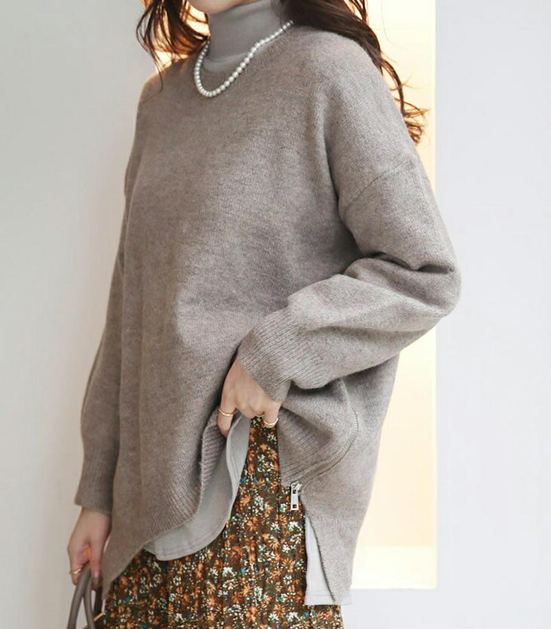 【只今10%OFF】サイドジップニット・全3色・b65362 レディース 【tops】【トップス ニット ニットトップス 長袖 単色 無地 シンプル カジュアル ラフ アンバランス 秋 冬 韓国 ファッション】【ハイホリHIHOLLI】