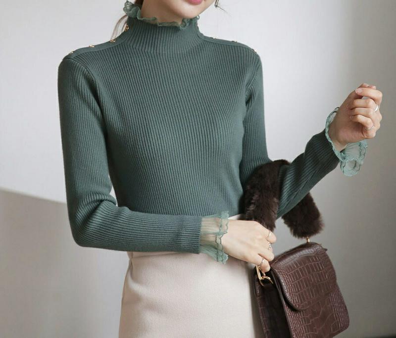 【15%OFF】≪人気商品再入荷≫シアーネックボタンニット・全4色・b65308 レディース 【tops】トップス シアー 透け感 シースルー 袖コンシャス 襟 カラーニット フェミニン ハーフネック かわいい 秋 冬 韓国ファッション ハイホリHIHOLLI GWセール