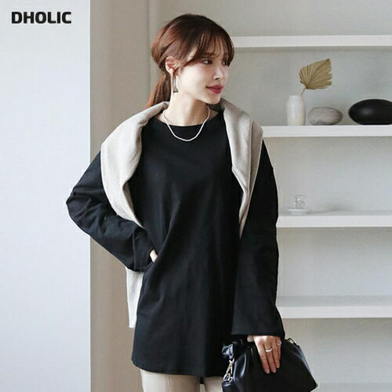 【只今10%OFF】スリットボクシーTシャツ・全3色・t65366 レディース 【tops】【トップス Tシャツ 長袖 ロンT 無地T スリット 単色 無地 シンプル　ゆったり ラフ 秋 冬 韓国 ファッション】【ハイホリHIHOLLI】