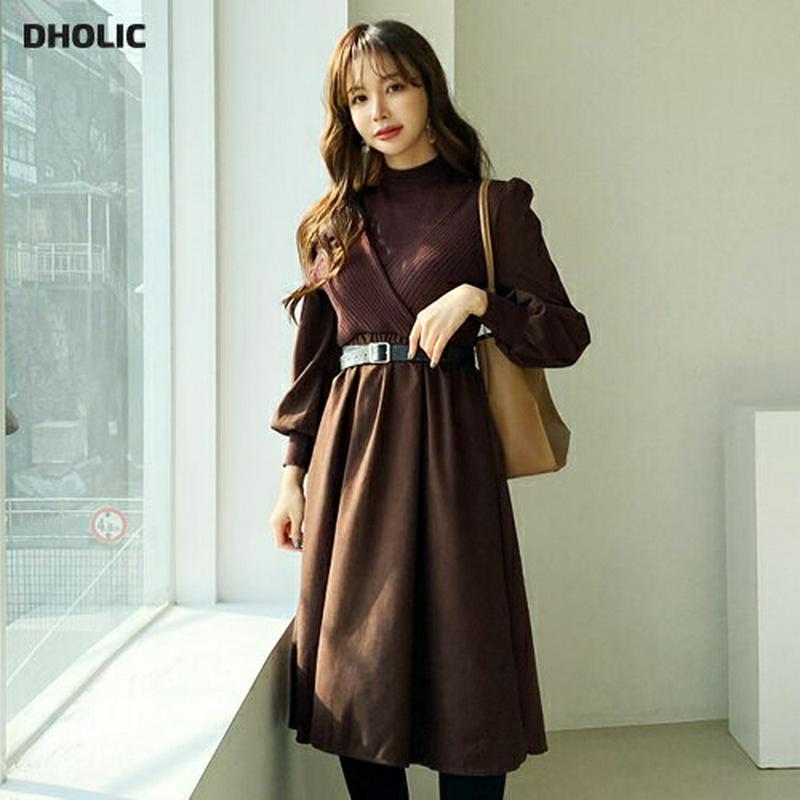 ベルト付リブコントラストワンピース・全4色・t65282 レディース 【ops】【ワンピース ミディ丈 ミディワンピース 長袖 コントラスト リブ シンプル ハーフネック ニット フレア カジュアル 秋 冬 韓国 ファッション】【ハイホリHIHOLLI】