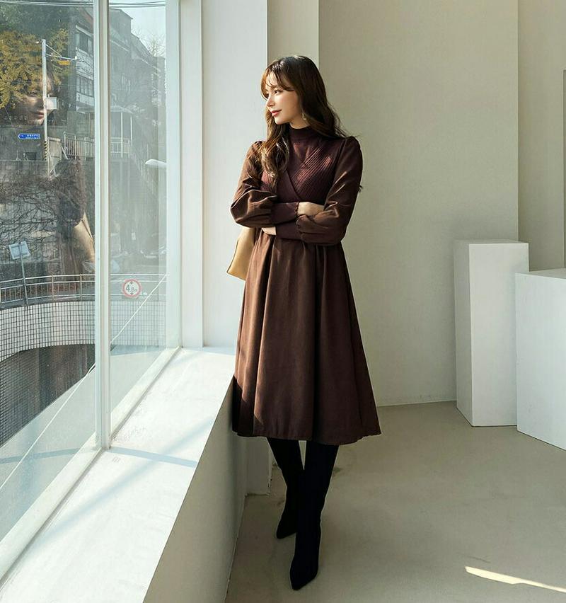 ベルト付リブコントラストワンピース・全4色・t65282 レディース 【ops】【ワンピース ミディ丈 ミディワンピース 長袖 コントラスト リブ シンプル ハーフネック ニット フレア カジュアル 秋 冬 韓国 ファッション】【ハイホリHIHOLLI】