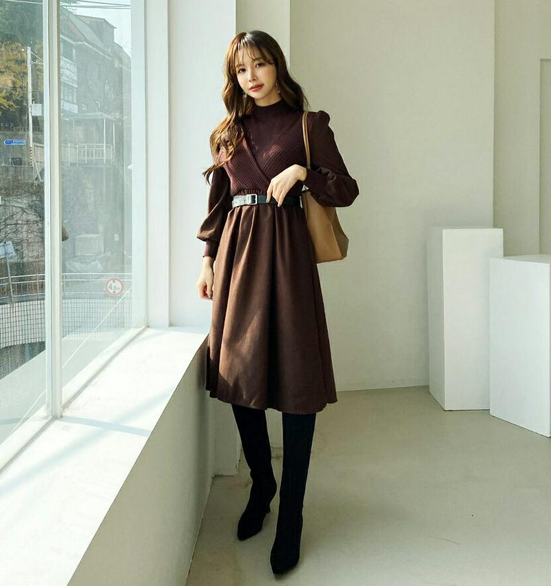 ベルト付リブコントラストワンピース・全4色・t65282 レディース 【ops】【ワンピース ミディ丈 ミディワンピース 長袖 コントラスト リブ シンプル ハーフネック ニット フレア カジュアル 秋 冬 韓国 ファッション】【ハイホリHIHOLLI】