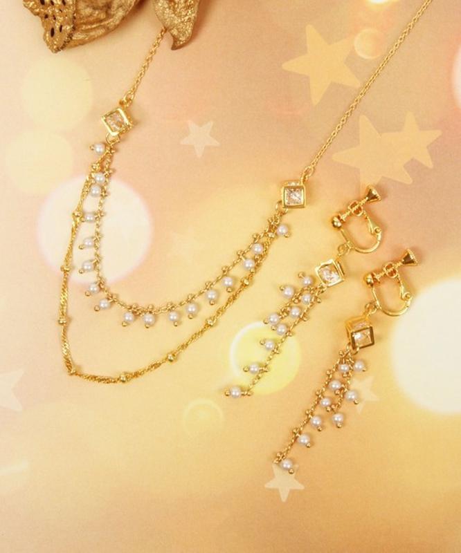 【セットで自分へのご褒美に】K14GF ガラス＆パールネックレス＆イヤリング