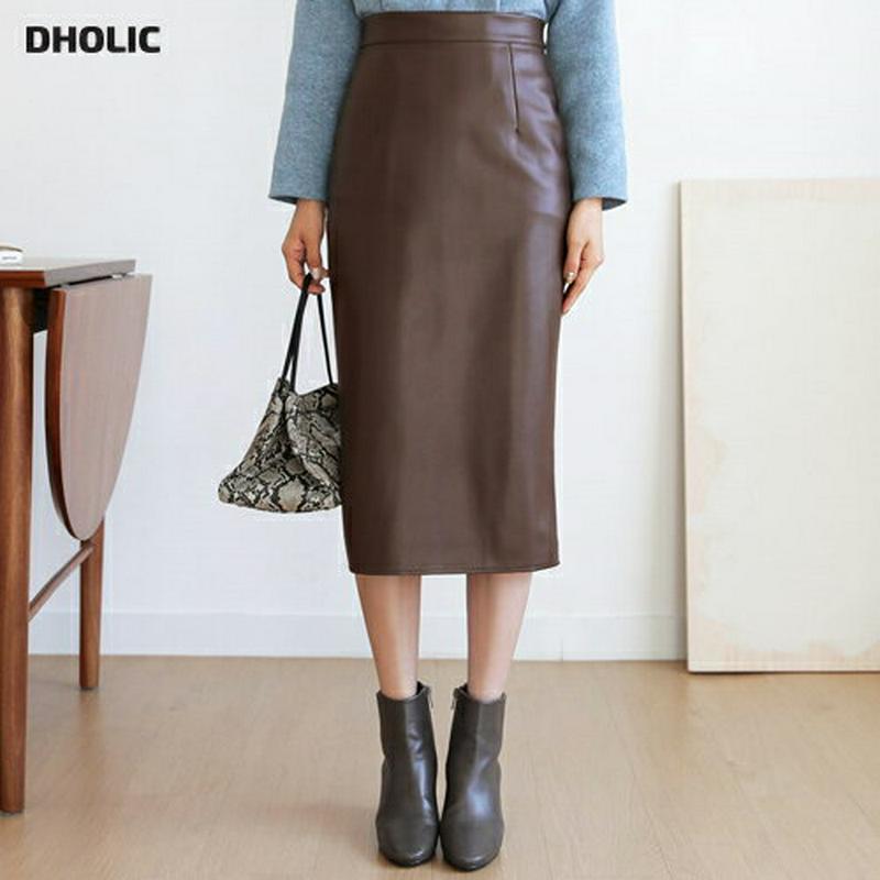 【只今10%OFF】裏起毛レザー調Hラインスカート・全2色・b61237 レディース 【sk】【韓国 ファッション ボトムス スカート ロング スリム タイト 細身 ペンシルスカート タイトスカート 合皮 レザーライク 光沢 無地 カジュアル 秋 冬】