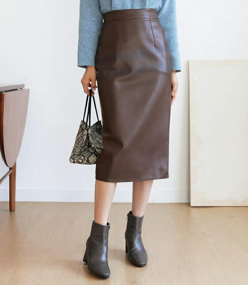 【只今10%OFF】裏起毛レザー調Hラインスカート・全2色・b61237 レディース 【sk】【韓国 ファッション ボトムス スカート ロング スリム タイト 細身 ペンシルスカート タイトスカート 合皮 レザーライク 光沢 無地 カジュアル 秋 冬】