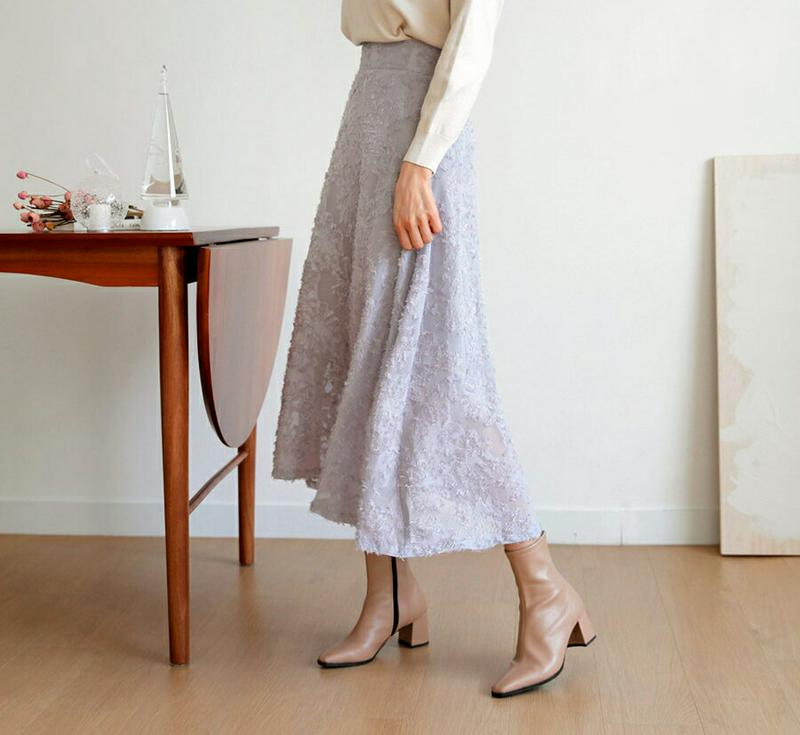 テクスチャーロングスカート・全3色・t61238 レディース 【sk】【韓国 ファッション ボトムス スカート ロング フレア Aライン パターン 柄 エンボス フェミニン 大人 上品 きれいめ カジュアル 秋 冬】