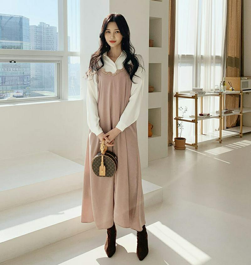 【只今10%OFF】レースシルキーワンピース・全3色・t62048 レディース 【ops】【韓国 ファッション ワンピース ロング マキシ フレア Aライン キャミソール ノースリーブ スリーブレス ルーズ ゆったり 体型カバー マタニティ 無地 光沢 カジュアル 秋 冬】