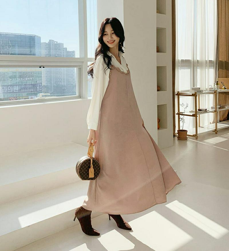 【只今10%OFF】レースシルキーワンピース・全3色・t62048 レディース 【ops】【韓国 ファッション ワンピース ロング マキシ フレア Aライン キャミソール ノースリーブ スリーブレス ルーズ ゆったり 体型カバー マタニティ 無地 光沢 カジュアル 秋 冬】