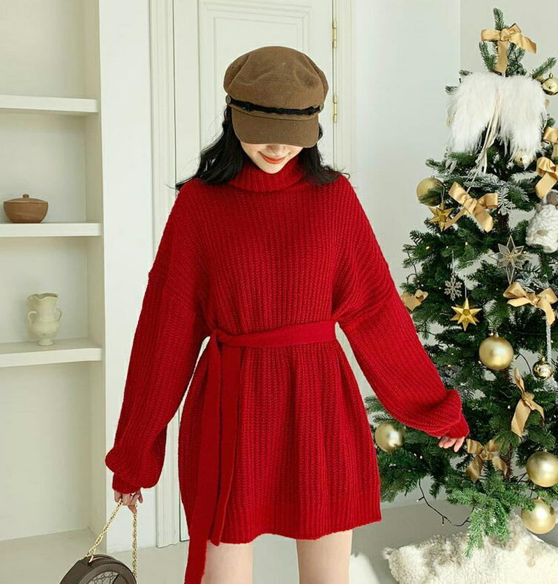 【只今10%OFF】ストラップ付ニットミニワンピース・全4色・t62046 レディース 【ops】【韓国 ファッション ワンピース ミニ ショート Hライン タートルネック ハイネック 長袖 ニット ローゲージ ざっくりニット ざっくり編み ルーズ ゆったり チュニック カジュアル 秋 冬】