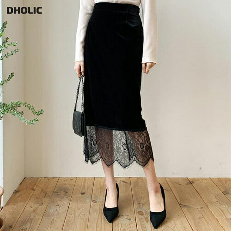 【只今10%OFF】レースヘムベロアスカート・全2色・b62059 レディース 【sk】【韓国 ファッション ボトムス スカート ロング Hライン スリム 細身 タイトスカート ペンシルスカート 大人 レース シースルー 透ける 上品 カジュアル 秋 冬】