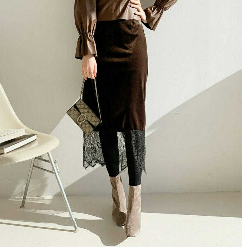 【只今10%OFF】レースヘムベロアスカート・全2色・b62059 レディース 【sk】【韓国 ファッション ボトムス スカート ロング Hライン スリム 細身 タイトスカート ペンシルスカート 大人 レース シースルー 透ける 上品 カジュアル 秋 冬】
