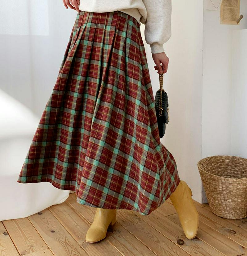 【只今10%OFF】チェックフレアスカート・全2色・b62063 レディース 【sk】【韓国 ファッション ボトムス　スカート ロング フレア Aライン プリーツ タータンチェック ビンテージ レトロ ガーリー カジュアル 秋 冬】