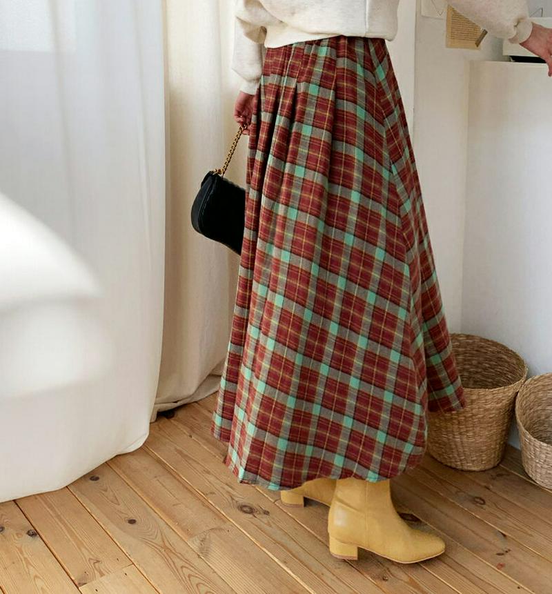 【只今10%OFF】チェックフレアスカート・全2色・b62063 レディース 【sk】【韓国 ファッション ボトムス　スカート ロング フレア Aライン プリーツ タータンチェック ビンテージ レトロ ガーリー カジュアル 秋 冬】