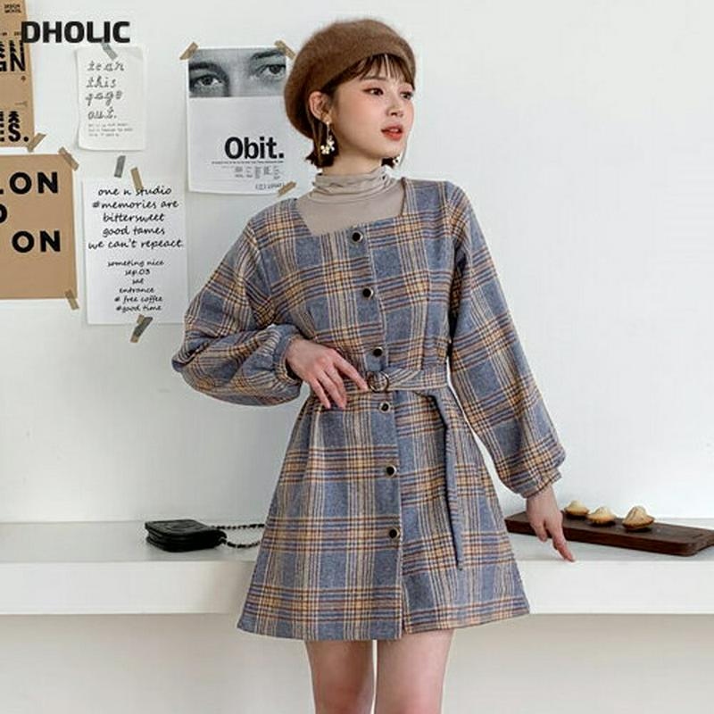 ベルト付チェックワンピース・全3色・t62049 レディース 【ops】【韓国 ファッション ワンピース ミニ ショート フレア Aライン スクエアネック 長袖 スリム 細身 ボタン 前開 パフスリーブ ビンテージ パターン 柄 ガーリー カジュアル 秋 冬】