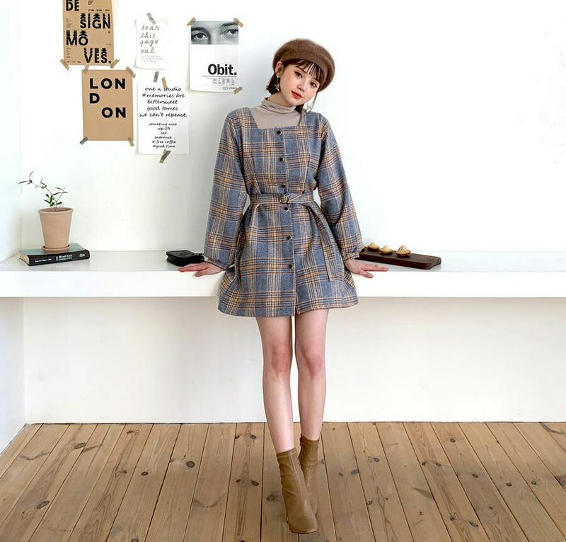 ベルト付チェックワンピース・全3色・t62049 レディース 【ops】【韓国 ファッション ワンピース ミニ ショート フレア Aライン スクエアネック 長袖 スリム 細身 ボタン 前開 パフスリーブ ビンテージ パターン 柄 ガーリー カジュアル 秋 冬】