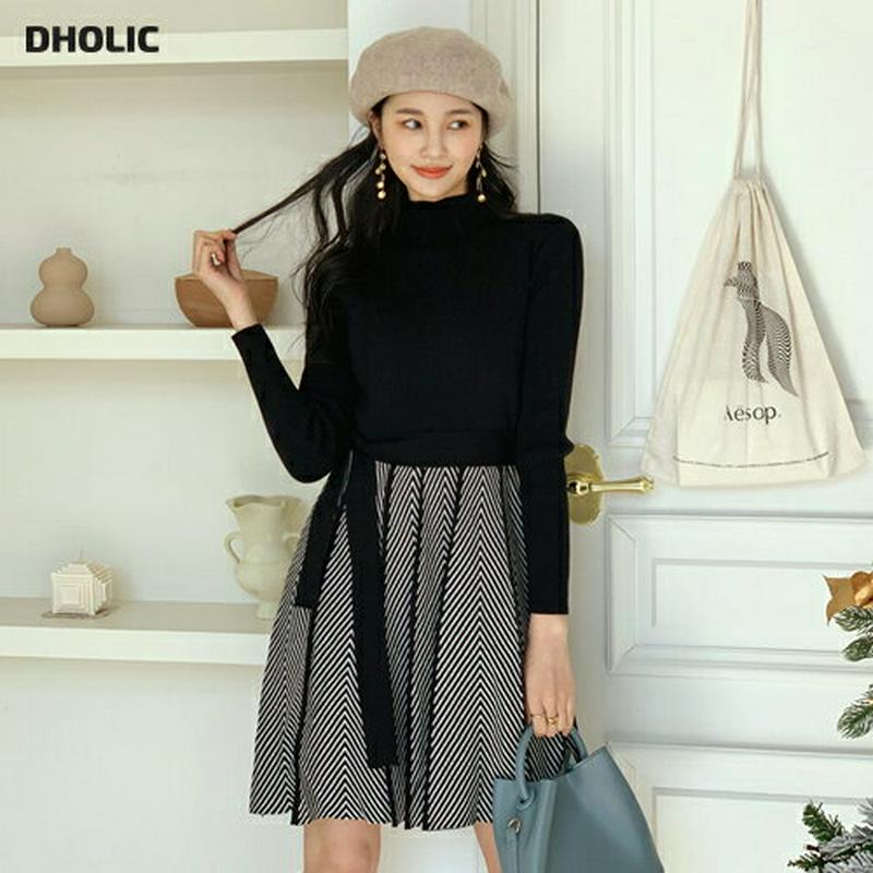 ストラップ付配色ニットワンピース・全1色・b62050 レディース 【ops】【韓国 ファッション ワンピース ミニ ショート フレア Aライン ハーフネック モックネック 長袖 スリム 細身 タイト ヘリンボーン パターン 柄 ガーリー カジュアル 秋 冬】