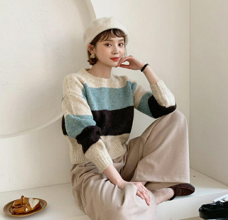 配色ラウンドニット・全3色・b62043 レディース 【tops】【韓国 ファッション トップス ニット ラウンドネック 長袖 ボーター カラーブロック 毛糸 毛羽立ち カジュアル 秋 冬】