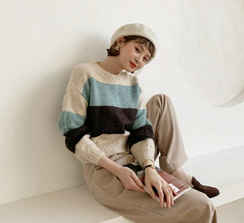 配色ラウンドニット・全3色・b62043 レディース 【tops】【韓国 ファッション トップス ニット ラウンドネック 長袖 ボーター カラーブロック 毛糸 毛羽立ち カジュアル 秋 冬】