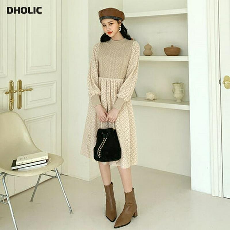 【只今10%OFF】レースニットワンピース・全2色・b62051 レディース 【ops】【韓国 ファッション ワンピース ロング フレア Aライン モックネック ハーフネック ニット 長袖 パフスリーブ 無地 スリム パターン 柄 きれいめ カジュアル 秋 冬】